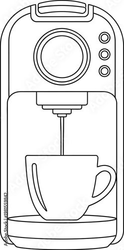 Simple line drawing of a coffee machine with a cup underneath