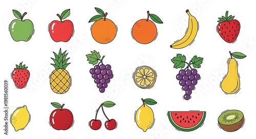 Assorted colorful fresh fruits and berries arranged in rows, cartoon style