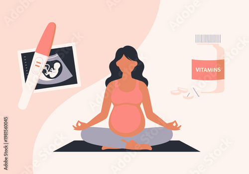 Healthy Pregnancy Lifestyle Concept with Pregnant Woman Meditating, Prenatal Vitamins, Ultrasound Scan, and Positive Pregnancy Test Illustration