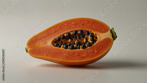 Fresh Half Papaya with Black Seeds Isolated on Grey Background, High Quality Studio Food Photography for Healthy Nutrition, Tropical Fruit Smoothies, Vegan Diet, and Organic Grocery Concepts