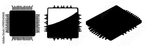Chipset processor silhouette set with simplified outline design featuring semiconductor, electronics, circuitry with black and white and line art