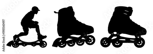 Rollerblade silhouette set with dynamic black and white outline depicting motion and athleticism featuring freestyle, street, skating with line art and vector illustration