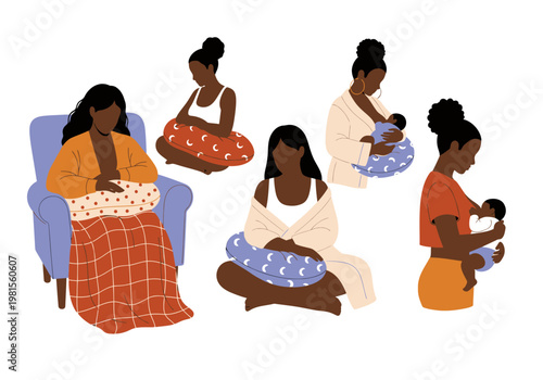 Black Mothers Breastfeeding and Nursing Newborn Babies with Pillows Illustration Set - Flat Vector Art for Maternity, Parenting, and Healthcare Design