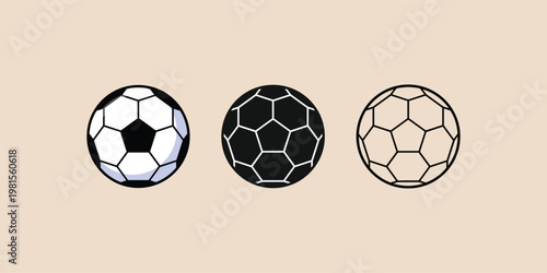 Three soccer balls rest against a soft beige background. Each ball features classic pentagon and hexagon patterns. First ball has black and white panels with subtle shading