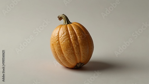 Single Small Orange Decorative Pumpkin with Green Stem Isolated on Light Grey Background Minimalist Autumn Harvest and Fall Season Concept for Thanksgiving and Halloween Holiday Decoration