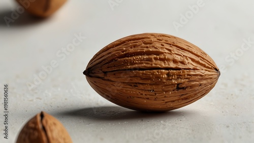 Extreme Macro Close Up of a Whole Pecan Nut in Shell Showing Rich Texture and Detail on White Surface Organic Raw Ingredient for Holiday Baking and Healthy Winter Snack Food Photography