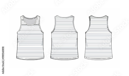 Men’s and Boys Striped Tank Top Technical Flat Sketch Vector Template with Front and Back Views