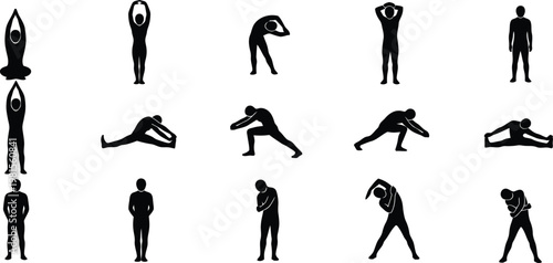 Silhouettes of people performing various stretching and exercise poses with white background stretching exercise movement