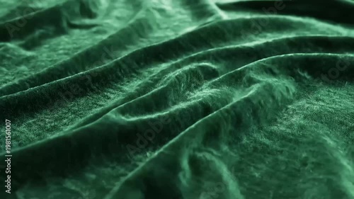 Close-up of deep green velvet fabric with soft folds and subtle sheen, moody textured surface