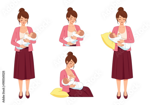 Set of Breastfeeding Positions for Nursing Mothers: Newborn Baby Care Illustration with Cradle, Cross-Cradle, and Football Holds for Lactation Support and Education