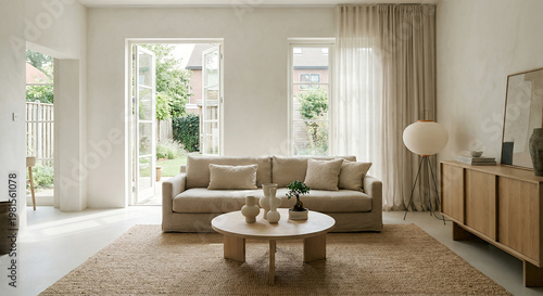 A bright and airy living room with a neutral color palette, featuring a comfortable sofa, a round coffee table with decorative vases and a bonsai tree, and a wooden sideboard