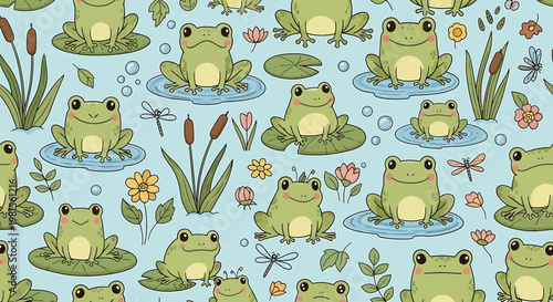 Cute Frog Pattern: Whimsical Amphibians in Pond with Dragonflies and Reeds