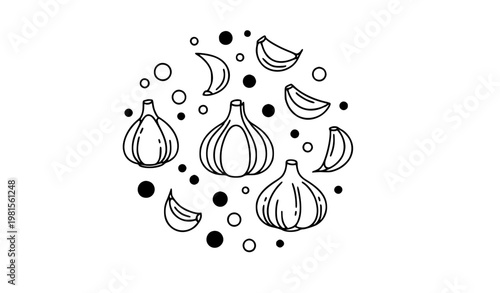 Minimalist garlic and peppercorn line art food illustration vector set isolated on white background