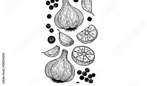 Vintage botanical garlic illustration set with cloves and peppercorn outline vector isolated on white background