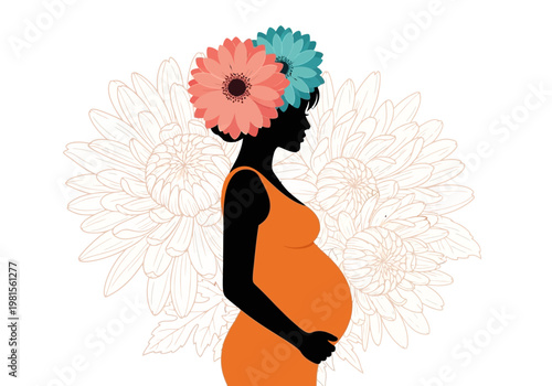 Silhouette of a Pregnant Woman with a Floral Crown and Blooming Flower Background, Maternal Health and Beauty Concept Illustration