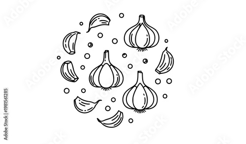 Minimalist garlic and peppercorn line art food illustration vector set isolated on white background