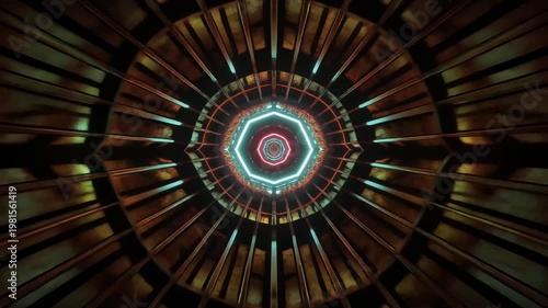 Symmetrical glowing hexagonal tunnel with warm gold lights and central blue neon ring, futuristic abstract interior, radial perspective