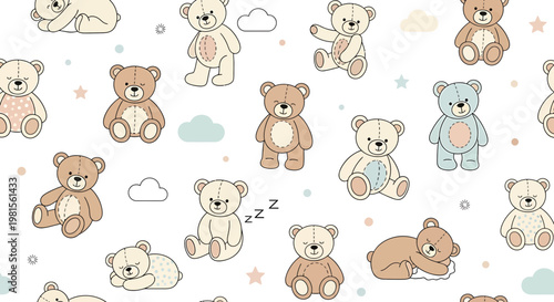Cute Teddy Bear Pattern: Adorable Cartoon Bears Seamless Background for Kids