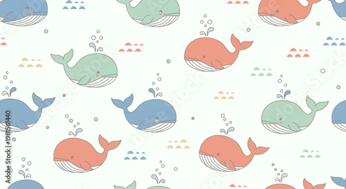 Cute Whales Pattern: Whimsical Underwater Scene with Bubbles and Waves