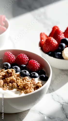 Wallpaper Mural Fresh fruit and granola in bowls on marble countertop Torontodigital.ca