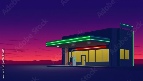 Neon Glowing Gas Station Building at Dusk