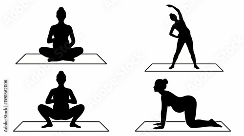 Pregnancy Yoga Silhouette Vector Set – 4 Prenatal Fitness Poses in Clean Grid Layout