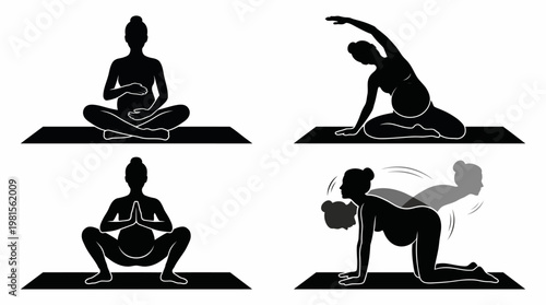 Pregnancy Yoga Silhouette Vector Set – 4 Prenatal Fitness Poses in Clean Grid Layout