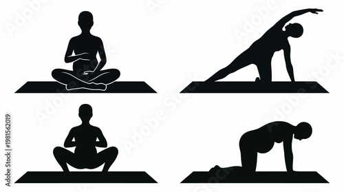 Pregnancy Yoga Silhouette Vector Set – 4 Prenatal Fitness Poses in Clean Grid Layout