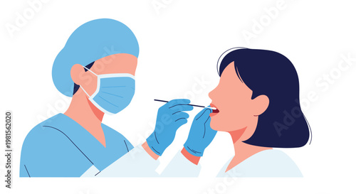 A professional healthcare worker wearing blue scrubs and a protective mask carefully collects a medical swab sample from a female patient in a clinic.