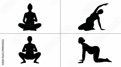 Pregnancy Yoga Silhouette Vector Set – 4 Prenatal Fitness Poses in Clean Grid Layout