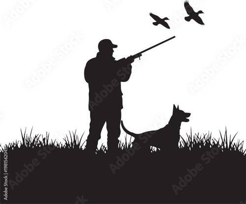 Silhouette of a hunter with a dog and flying ducks