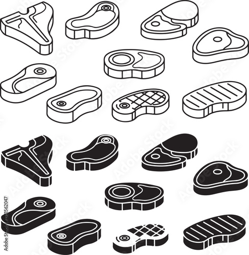 Isometric Beef Steak Icon Set Raw and Grilled Meat Cuts in Line Art and Solid Style