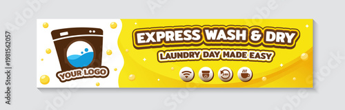Yellow self-service laundry banner template, Express wash and dry signage with icons for wifi, CCTV, 24 hours service and coffee shop. Horizontal vector design.