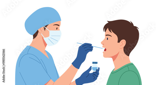 A dedicated medical professional wearing a blue surgical cap and mask performs a diagnostic throat swab on a young male patient in a bright clinical room.