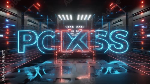Futuristic corridor with glowing blue neon text 'PICXSSS' floating above a reflective grid floor, red accents and overhead lights, high-tech sci-fi atmosphere