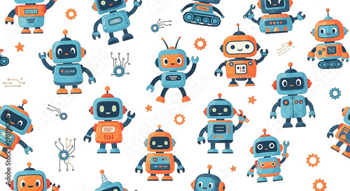 Whimsical, colorful robot characters with circuitry patterns on white background