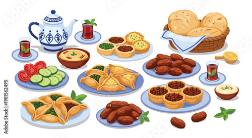 A bountiful spread of traditional Middle Eastern breakfast items including sweet dates, savory pastries, fresh hummus, and hot tea fills the entire frame.