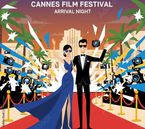 Cannes Film Festival Arrival Night Celebrating Cinema's Stars on the Red Carpet with Paparazzi and Palm Trees