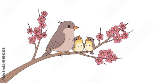 A nurturing brown mother bird sits closely with two small chirping chicks on a slender tree branch decorated with vibrant pink cherry blossoms and buds.