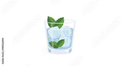 A refreshing glass of sparkling water filled with translucent ice cubes and vibrant green mint leaves stands alone against a pristine white background.