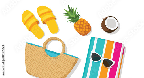 Vibrant yellow beach sandals and tropical fruits are arranged neatly alongside a woven straw bag and a striped towel under bright summer sunlight.