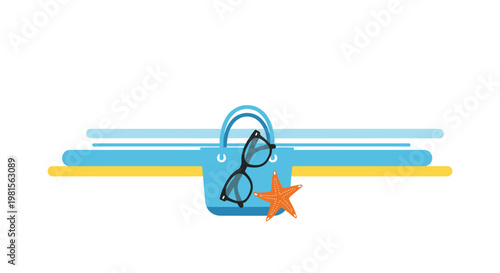 A minimalist blue beach bag rests beside dark sunglasses and a bright orange starfish against a backdrop of simple horizontal ocean-colored stripes.