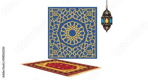 An intricate blue and gold geometric wall panel serves as a backdrop for a traditional red patterned rug and a colorful hanging lantern in a room.