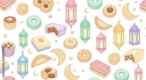 Festive crescent moons, ornate lanterns, and sweet pastries arranged in a vibrant pattern