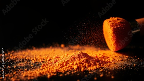orange powder spilling from scoop on black background