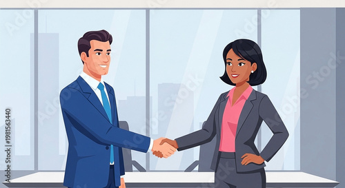 Two professionals in formal attire shaking hands in a modern office