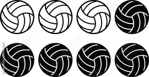 Eight volleyball representing different styles and contrasts black and white line and solid silhouettes of sports balls for athletic games and recreation