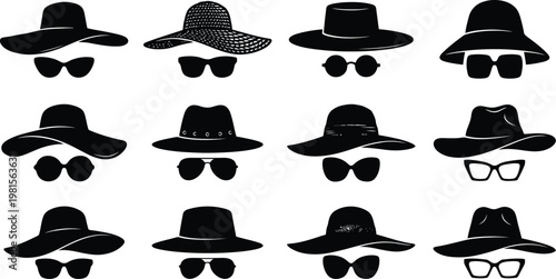 Grid of black silhouette hats and sunglasses combinations on a white background sun hat wide brim hat