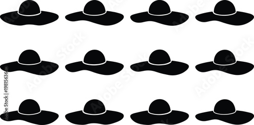 Grid of black silhouette wide brim sun hats with smooth edges on a white background wide brim hat summer hat