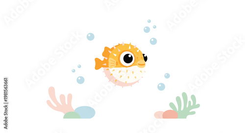 An adorable orange pufferfish with large expressive eyes swims gracefully among delicate floating bubbles and pastel coral branches on a white background.